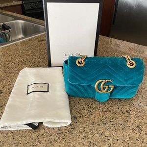 Gucci Velvet Matelasse Mini GG Marmont Shoulder Bag Petrol Blue